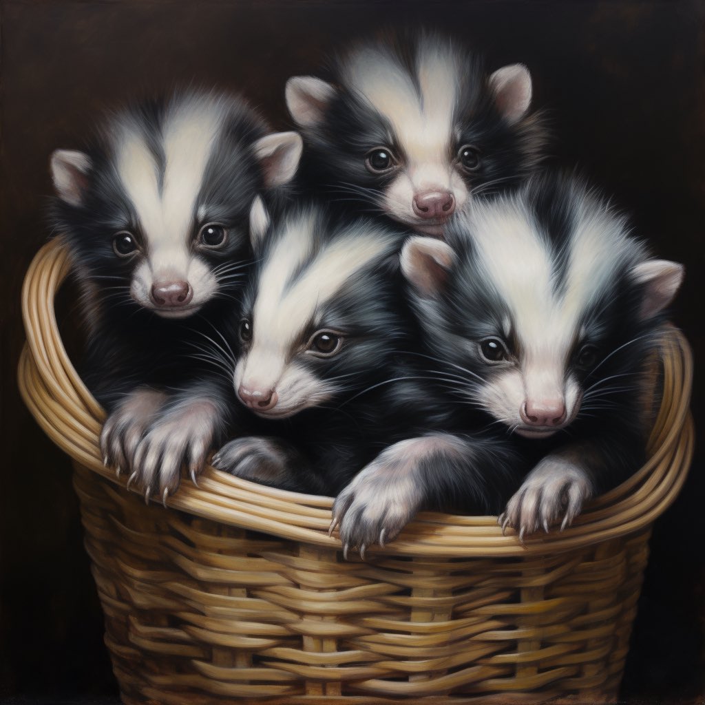 JinxLovesCats's tweet photo. Goodnight!  Here are some cute little fur babies to keep you safe. 🥰 #kittens #aiart #goodnight #skunks #furbabies https://t.co/jrIP4jcGlX