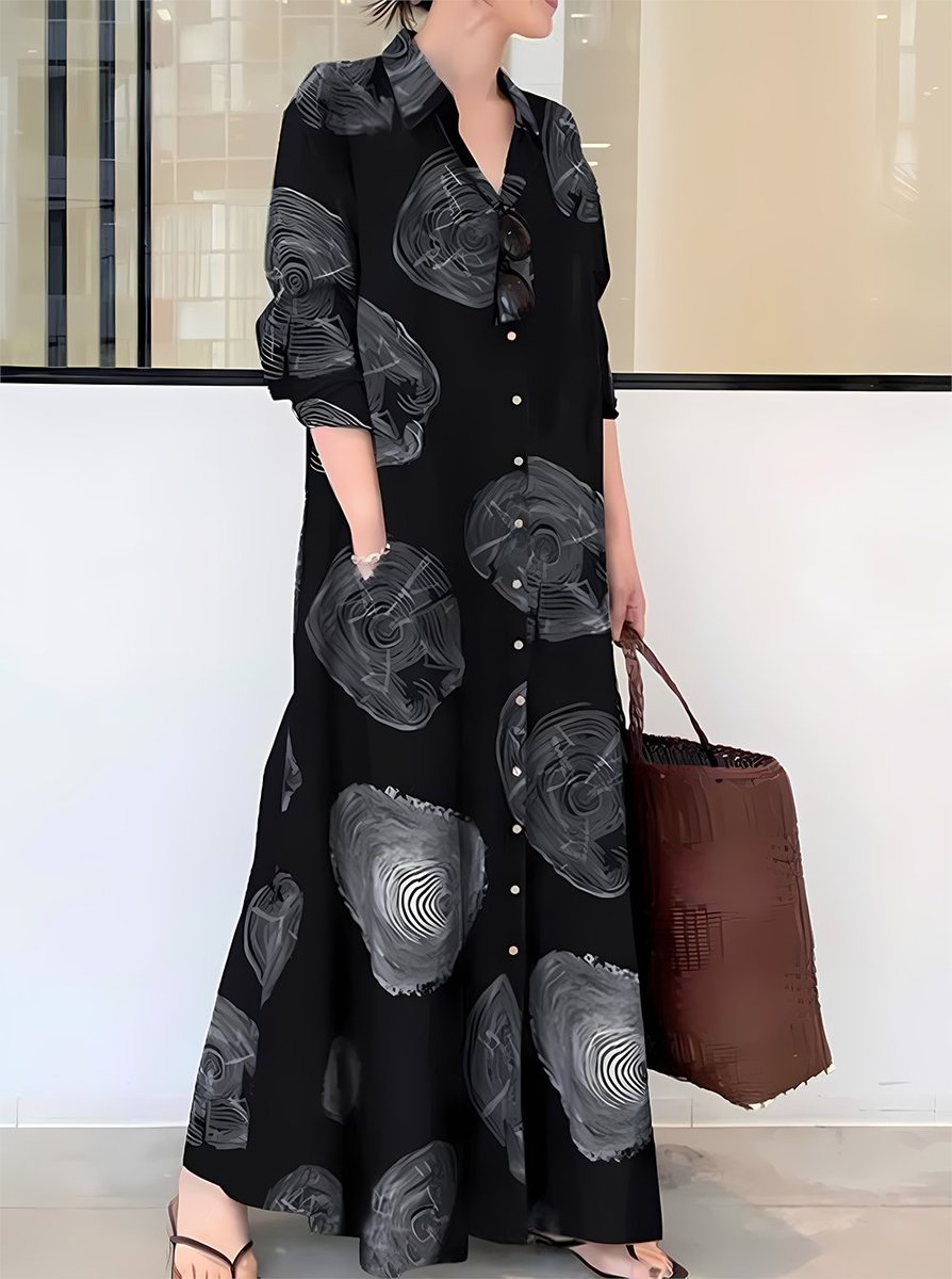 #bestdealbuys Fashion Print Lapel Long Sleeve Casual Maxi Dress Black Dresses 🤩
#maxidress #blackdress #printdress