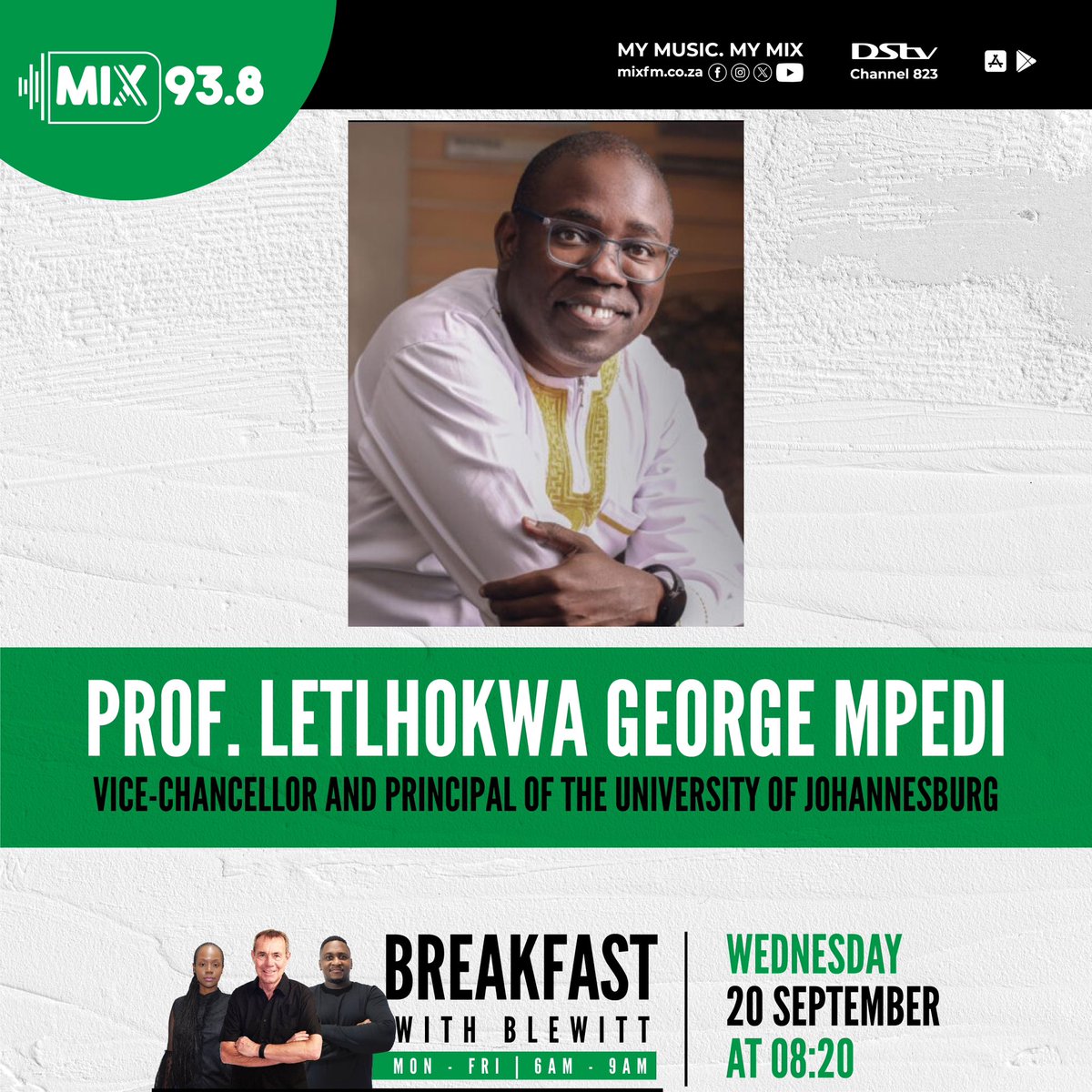 Sima_herself's tweet photo. Donβt forget to catch @go2uj Vice-Chancellor on Mixfm 93.8 this morning at around 8:20. Stream here https://t.co/1SFIzbzo4c make sure you are tuned in because this chat will be too informative #Uj4IR #UJAllTheWay https://t.co/mS9CYNpaMP