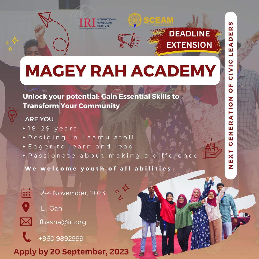 SCEAM5's tweet photo. Last Day to register for Magey Ray ELA in Laamu Atoll‼️
If you are a youth (ages 18 to 29) residing in L.atoll, here is an opportunity for you to equip yourselves with the tools you need to address a community development issue. 
@IRIglobal
Link to apply⬇️
https://t.co/zZcLpxwt6s https://t.co/1iANHti5l3