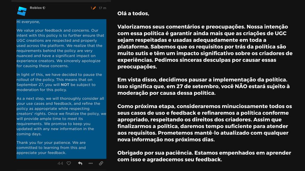 RTC em português  on X: O mais curioso é que os mesmos casos aconteceram  no início do ano passado, e no fim de tudo isso o suporte do Roblox afirmou  que