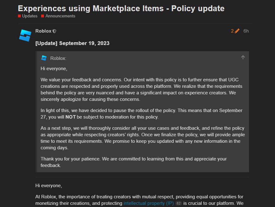 Experiences using Marketplace Items - Policy update