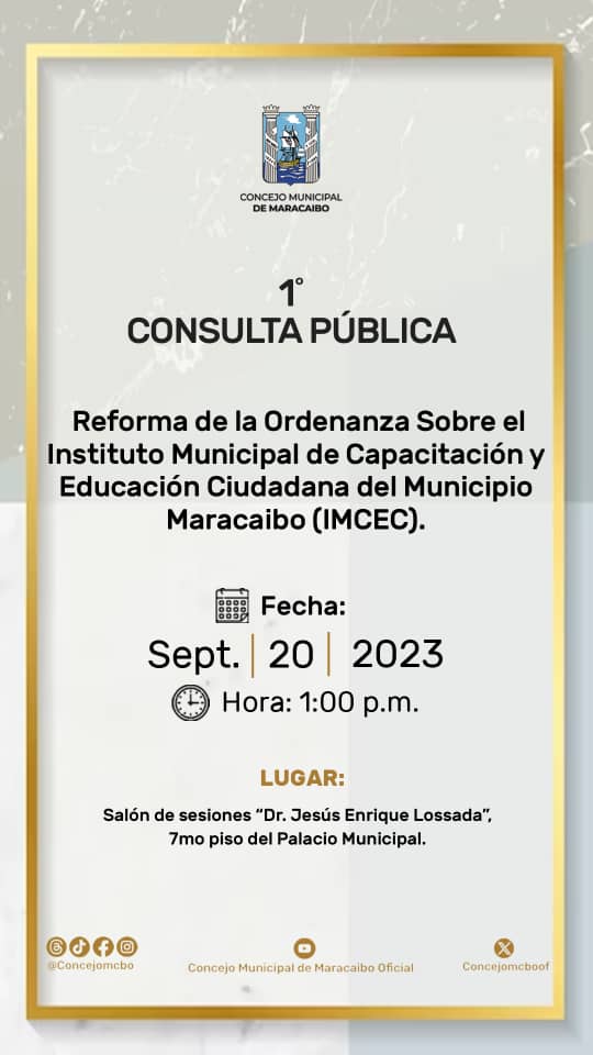 OMARMOLINARON's tweet photo. Todos invitados a la 1era Consulta Pública de la Reforma de la Ordenanza sobre el Instituto Municipal de Capacitación y Educación Ciudadana del municipio Maracaibo. La cita es éste miércoles #20desep  a la 1 de la tarde en el Salón de Sesiones del Concejo Municipal. Te espero 👍🏼 https://t.co/WllLDDbIif