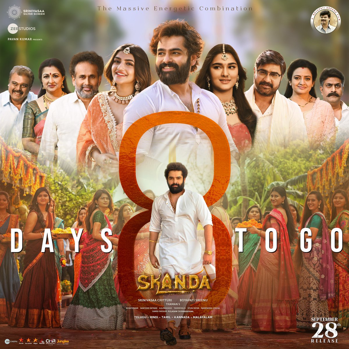 SkandaOffl's tweet photo. 8️⃣ DAYS TO GO 🔥

Brace Yourself for An Extraordinary Family and Action Extravaganza!❤️‍🔥

Embrace #Skanda Family with your families on Sept 28💥

#RAPOMass #SkandaOnSep28 

Ustaad @ramsayz @sreeleela14 #BoyapatiSreenu @saieemmanjrekar @MusicThaman @srinivasaaoffl https://t.co/WJWP5Y2ndt