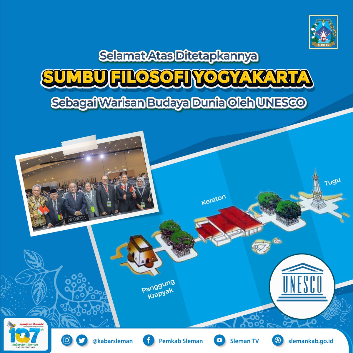 Selamat atas ditetapkannya Sumbu Filosofi Yogyakarta sebagai Warisan Budaya Dunia. Penetapan ini dilakukan oleh UNESCO, pada Sidang ke-45 Komite Warisan Dunia atau World Heritage Committe (WHC), di Riyadh Arab Saudi, Senin (18/09/2023).