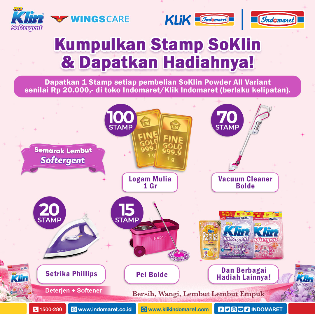 Indomaret's tweet photo. Khusus Member Indomaret Poinku 📢 Kumpulkan Stamp SoKlin dan dapatkan hadiahnya!

Dapatkan 1 Stamp setiap pembelian SoKlin Powder All Variant senilai Rp 20.000 di toko Indomaret / Klik Indomaret (berlaku kelipatan).

Info selengkapnya cek aplikasi Indomaret Poinku. https://t.co/YQVySueDZI