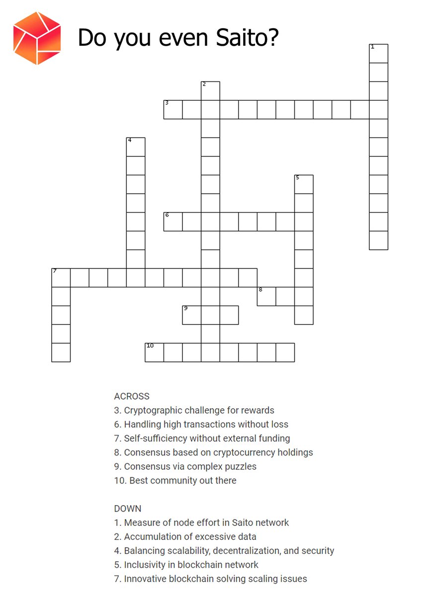 saitokris088's tweet photo. My first time doing this so please be understanding!
Challenge your wits and have some fun with our #SAITO🟥 community crossword puzzle!

$SAITO #SaitoNetwork #SaitoCommunityPuzzle 

*clues are written below. Answers to be revealed tomorrow! https://t.co/jbMarKZhF0