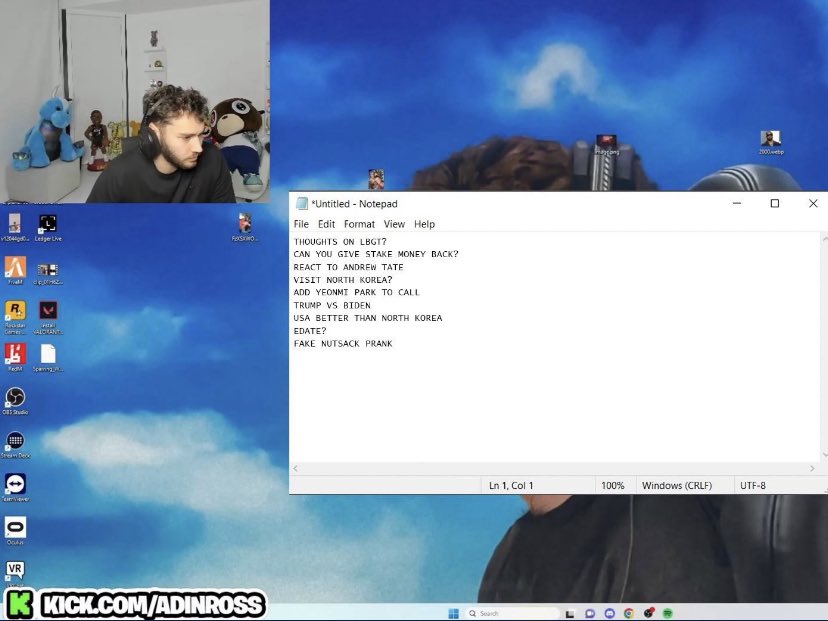 traplando's tweet image. Adin Ross has his list of questions ready for Kim Jung-Un 😂😂😂