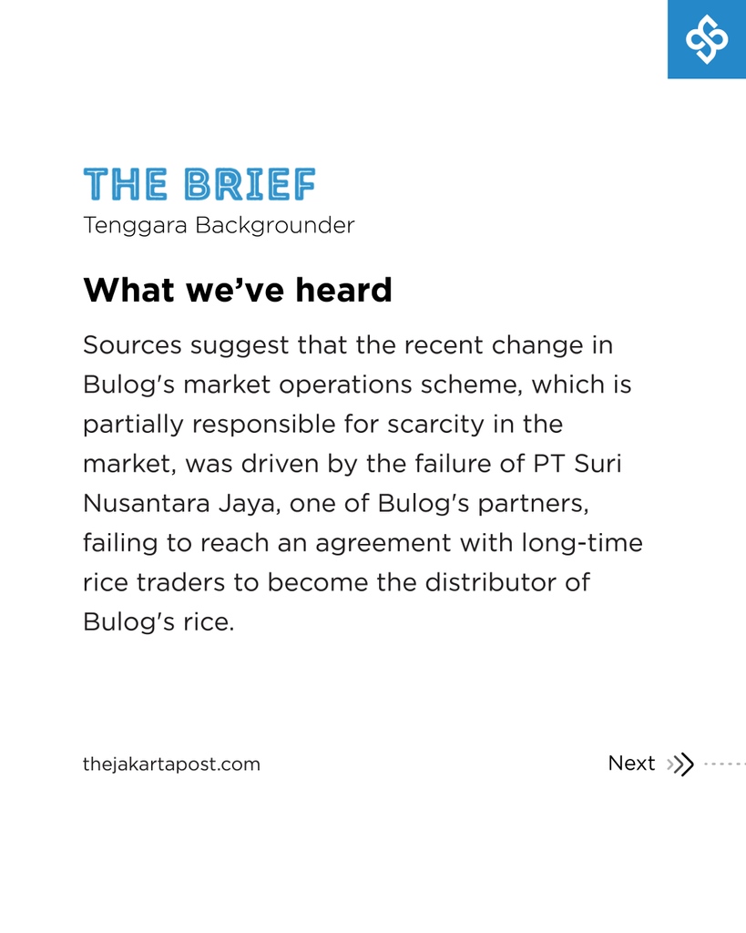 jakpost's tweet photo. Tenggara Backgrounder

Govt ‘flood the market’ strategy insufficient to curb rice prices

(Want to read more? Visit https://t.co/9RxqsQBA77)

#tenggarabackgrounder #thebrief #Rice #Bulog #Bapanas #PIBC #SPHP https://t.co/mUQHQe7eVG