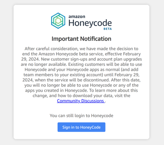 Dom_FiveDotCo's tweet image. #AWS has quietly decided to discontinue its no-code platform #honeycode, which was launched to great fanfare just three years ago.
What went wrong? 🤔