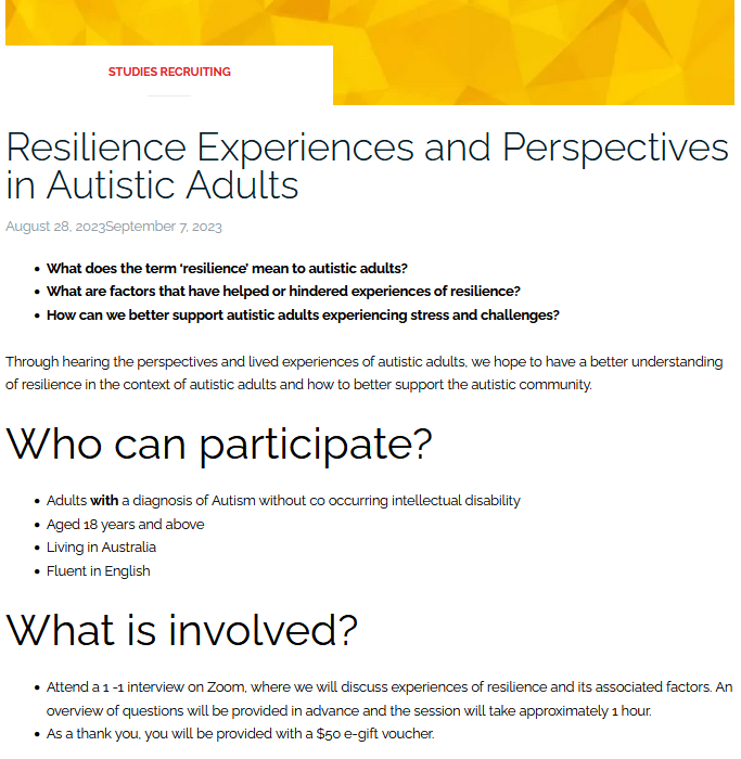 📢Research participation opportunity for Autistic adults!  

Resilience Experiences and Perspectives in Autistic Adults [HEC23230]    

Learn more: otarc.blogs.latrobe.edu.au/resilience-exp…