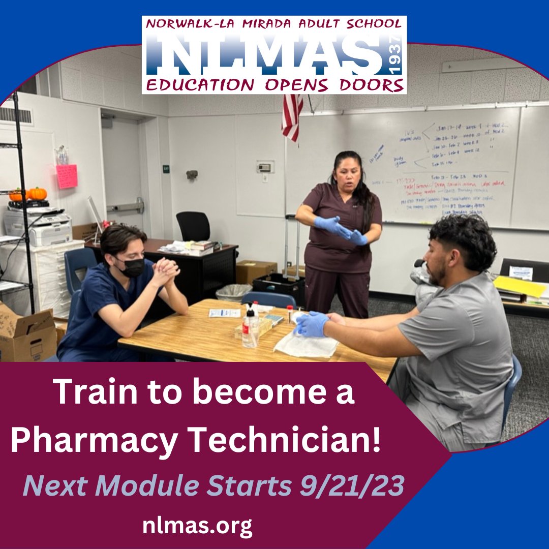 The next@NLMAdultSchool Pharmacy Tech module starts September 21st.  Learn more and enroll today!  

#PharmacyTechnician
#CTE
#AdultEducation
#MoveAheadWithAdultEd
#NLMUSD