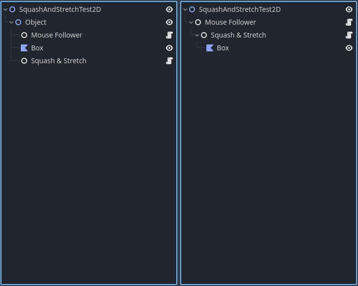 TheAllenChou's tweet photo. Hey, #Godot users. Since you can only attach one script to one node, coming from Unity, I'm inclined to compose nodes under an "object" node as "components," where each child manipulates the parent. The alternative is nesting nodes that manipulate themselves. Which do you prefer? https://t.co/sWFNspNCTd