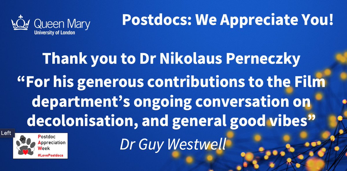 We love our #Postdocs 🎉 Dr Guy Westwell from @QMULSLLF thanks Dr Nikolaus Perneczky for his contribution 🤩 #QMPAW23 #LovePostdocs #PostdocAppreciationWeek @FilmStudiesQMUL
