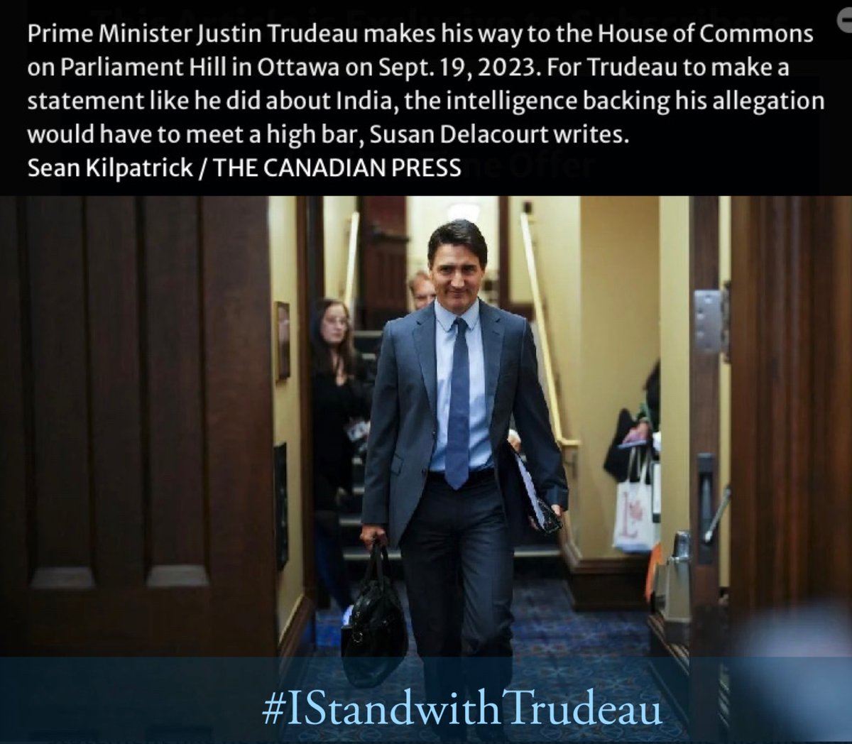 Liberals4Canada's tweet photo. DELACOURT: “For Trudeau to make a statement like he did about India, the intelligence backing his allegation. would have to meet a high bar.”
#IStandwithTrudeau https://t.co/ADjHEN8MY0