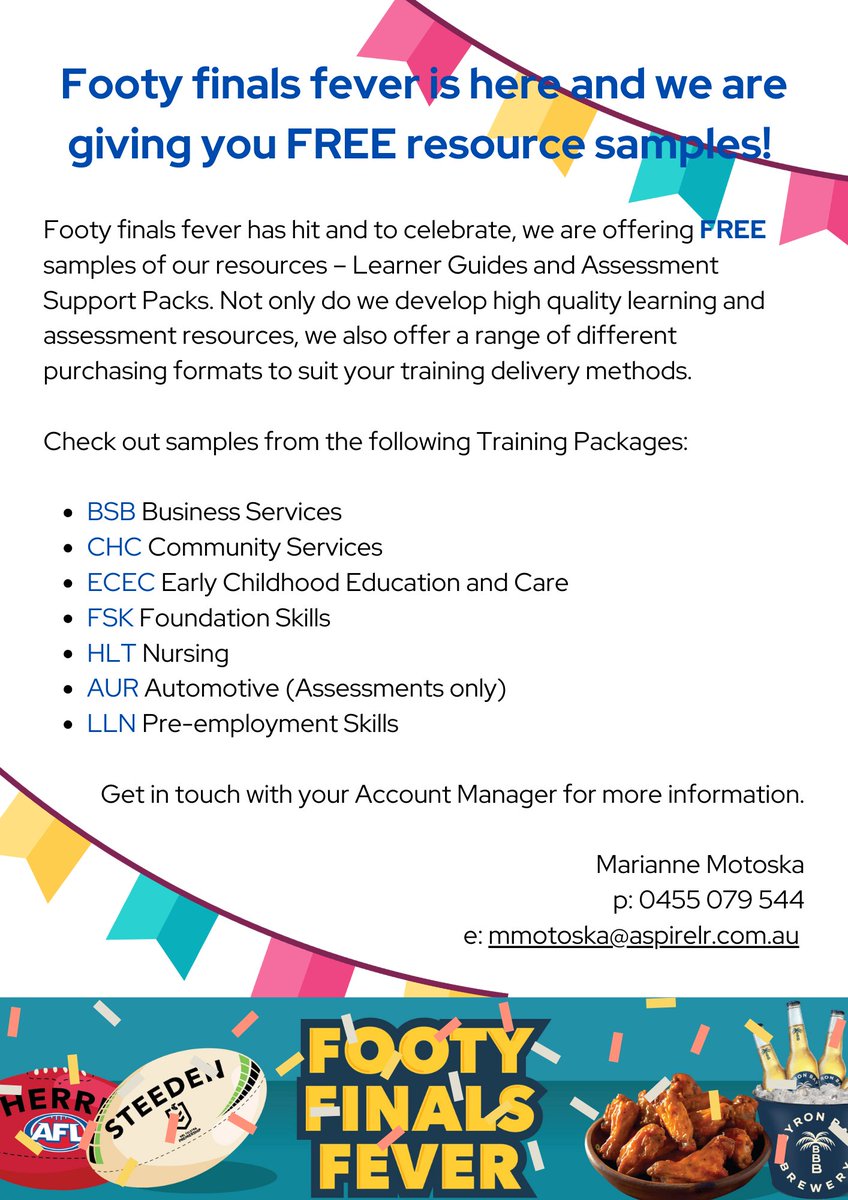 Looking for new learning and assessment resources to replace your old, outdates ones? Grab your free sample from us to show you why you should be using our resources. 
bit.ly/freesamplepromo
#AspireLR #Qualifications #VET #FutureSkills #HumanAbility #JSC #VocEd #JobSkills