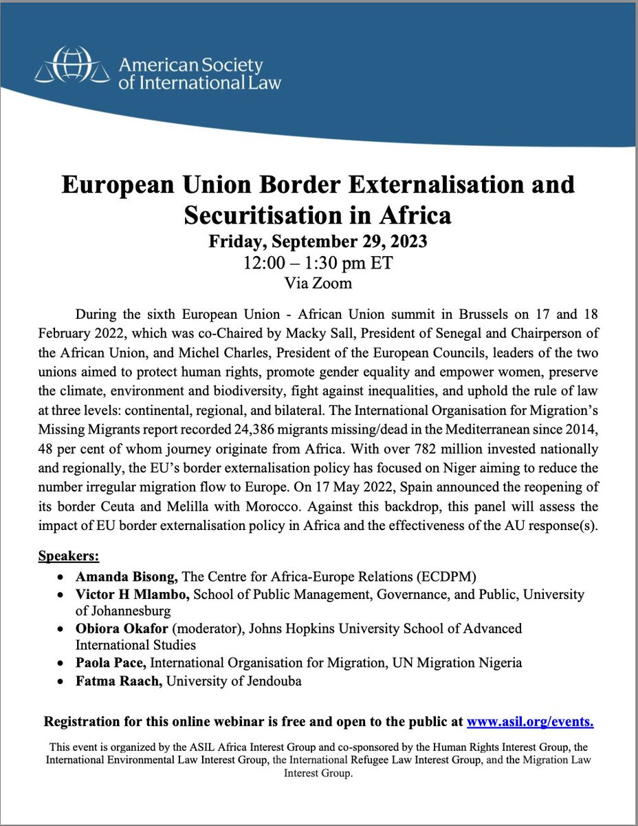 asilorg_mlig's tweet photo. MLIG is proud to co-sponsor the @asilorg event "European Union Border Externalization and Securitization in Africa." Hosted by @asilorg_aig on September 29th from 12:00 - 1:30 PM EST. Registration available here: https://t.co/ogMazwN5jd https://t.co/XpsBTfSlob