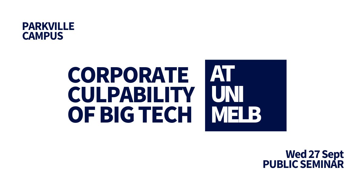 Melbourne Law School (@melblawschool) on Twitter photo It's time to talk about Big Tech culpability.
Join A/Prof <a href="/juliapowles/">Julia Powles</a> from <a href="/uwanews/">UWA</a> for a discussion on the corporate culpability of large tech organisations.
Register here → go.unimelb.edu.au/us7s <a href="/CAIDE_UoM/">Centre for AI and Digital Ethics</a> It's time to talk about Big Tech culpability.
Join A/Prof <a href="/juliapowles/">Julia Powles</a> from <a href="/uwanews/">UWA</a> for a discussion on the corporate culpability of large tech organisations.
Register here → go.unimelb.edu.au/us7s <a href="/CAIDE_UoM/">Centre for AI and Digital Ethics</a>