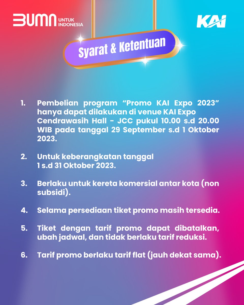 Di event ini kalian bisa beli tiket promo, dengan harga mulai dari Rp50.000,- aja! Ada juga tiket promo kereta luxury cuma Rp300.000,- aja, bestie! Kapan  lagi bisa beli tiket kereta semurah ini?

Oh iya, pembelian tiket promo ini hanya dapat dilakukan di venue KAI Expo ya,