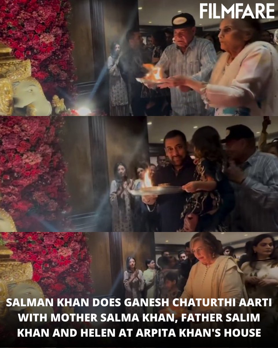 #SalmanKhan rings in the festivities with mother #SalmaKhan, father #SalimKhan and #Helen at #ArpitaKhan's Ganesh Chaturthi celebrations as they do aarti together. ❤️
