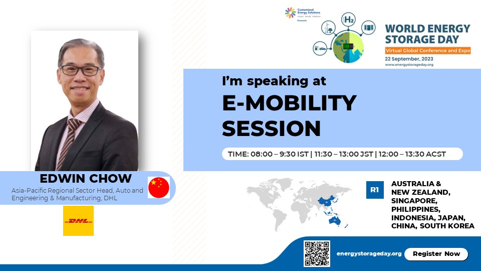 We welcome Edwin Chow, Asia-Pacific Regional Sector Head, Auto &amp; Engineering &amp; Manufacturing From DHL as our speaker for #WESD #2023.
He will be speaking in the R1- #Emobility session.

To interact with him, register at: lnkd.in/dXKwbsm7