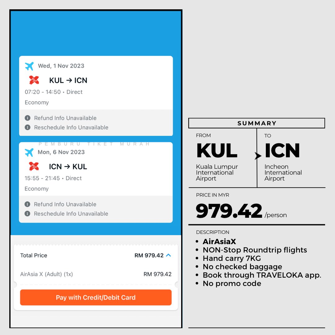 pmbrutiketmurah's tweet photo. AirAsiaX
NON-Stop flights
KUL - Seoul - KUL
RM979.42

Tempah menggunakan app Traveloka. Tiada kod promosi yang diperlukan. Cari dan terus sambar tiket ini! https://t.co/shkGuY1wqI