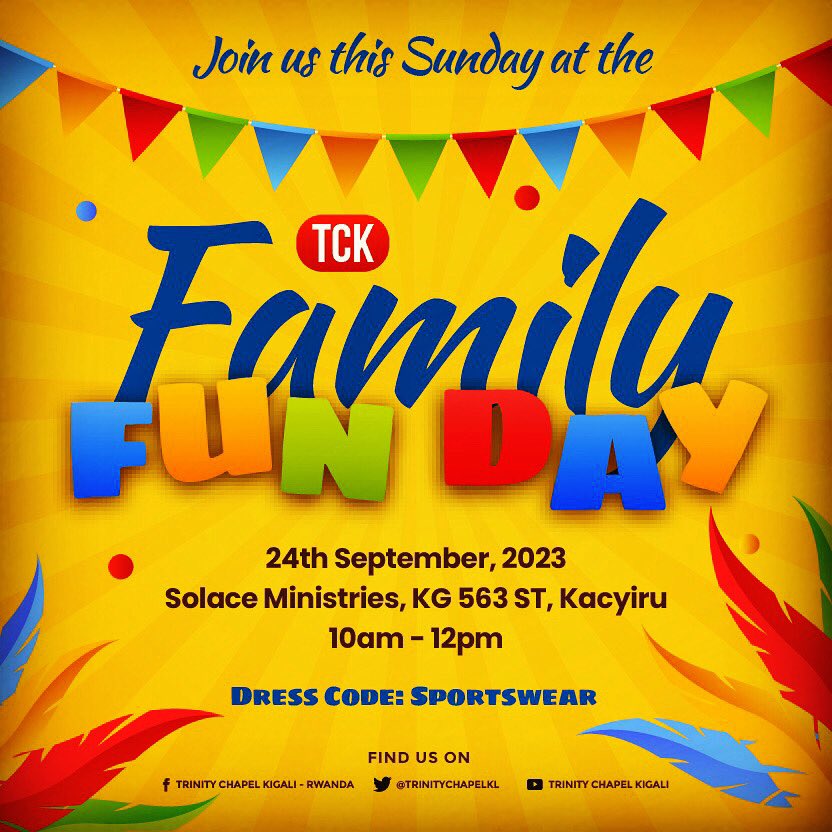 TrinityChapelKL's tweet photo. All work &amp; no play makes the soul dull!
Join us this Sunday the 24th of September, 2023, for our FAMILY FUN DAY from 10am to 12pm.
Come dressed to enjoy your time with the family of Christ at Trinity Chapel Kigali.

#familyfunday #family #fun #funinchrist #trinitychapelkigali https://t.co/NAFaewejXw