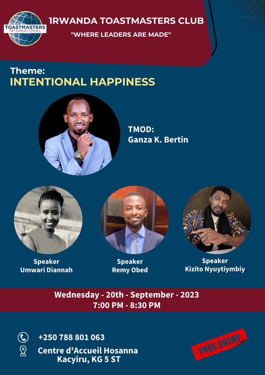 1RwandaTM's tweet photo. 🎙️Don't Miss Out! TONIGHT at 7 PM, elevate your communication and leadership skills with Toastmasters! 

🌟 Join us to discover a world of possibilities. 

Register NOW: https://t.co/FzAoLs8hKh https://t.co/uoQyq8W6yD
