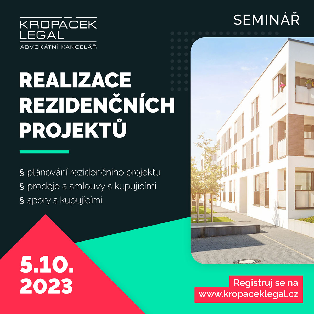 KropacekLEGAL's tweet photo. 🌆 Zajímá vás svět rezidenčních projektů? Připojte se k našemu semináři Realizace rezidenčních projektů. 

Na semináři probereme:
✅ Plánování projektu
✅ Smlouvy s kupujícími
✅ Spory s kupujícími  

Více informací zde: https://t.co/RWStbpZBUs https://t.co/9IOI6fwv1l
