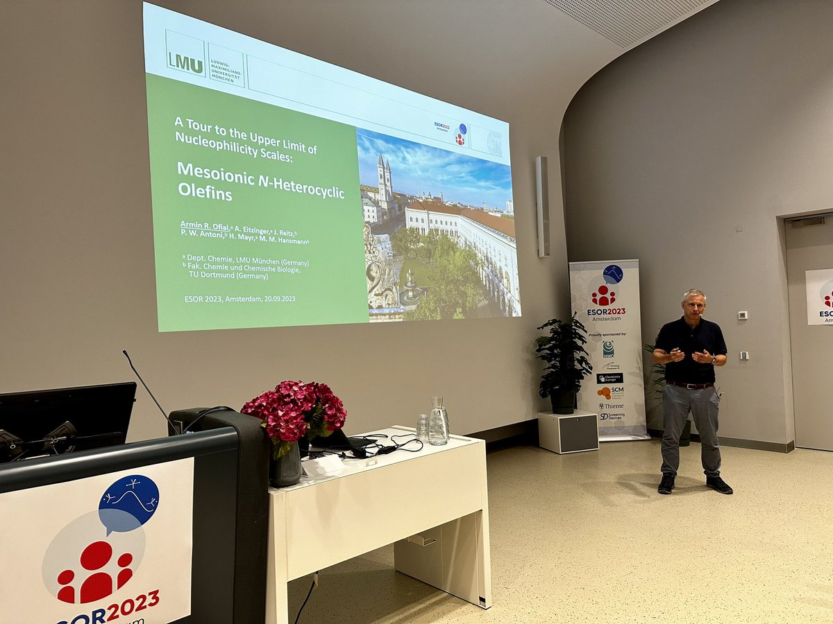 Armin R. Ofial (@OfialLab) of @LMU_Muenchen presents a contributed talk @ESOR2023 on the upper limit of nucleophilicity scales: mesoionic N-heterocyclic olefins. #ESOR2023