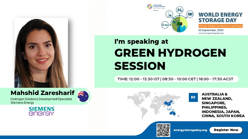 We welcome Mahshid Zaresharif, Hydrogen Solutions Development Specialist From Siemens Energy as our speaker for #WESD #2023.
She will be speaking in the R1- #Greenhydrogen session.

To interact with her, register at: lnkd.in/dXKwbsm7