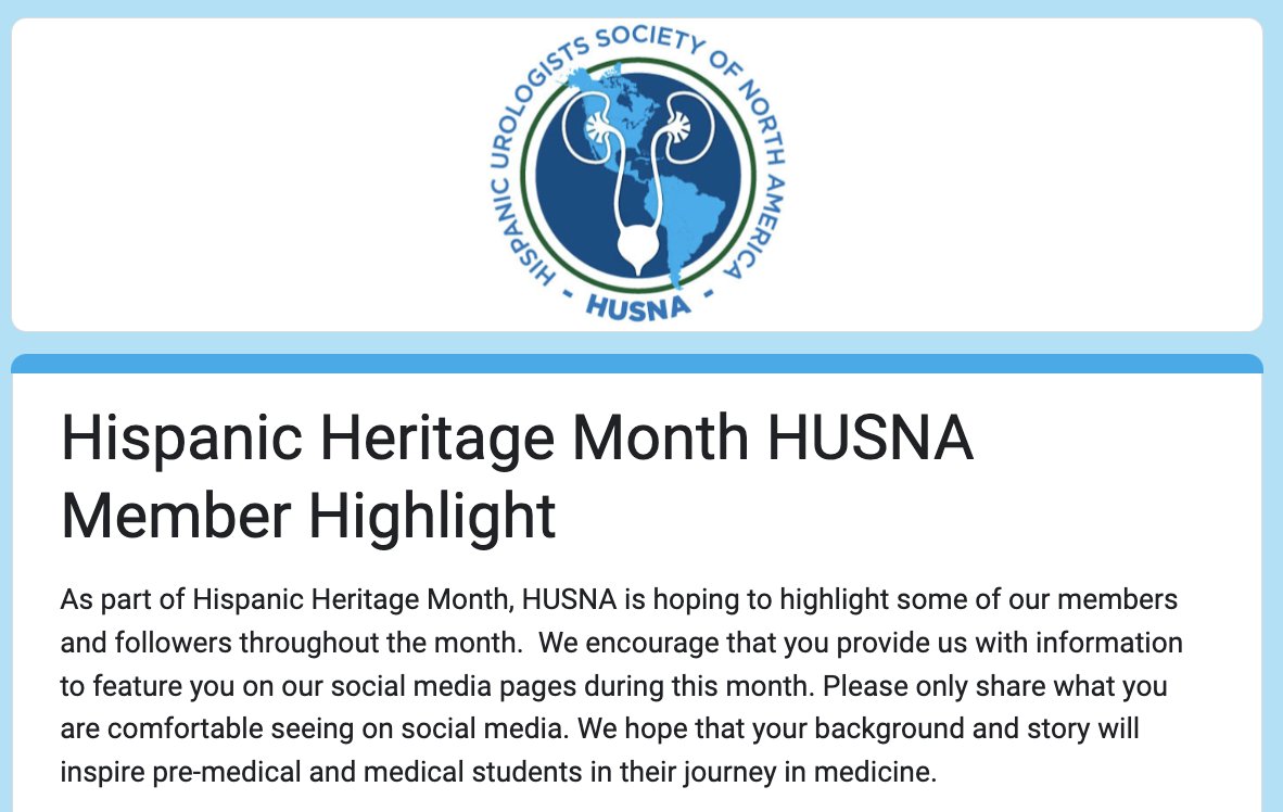 For #HispanicHeritageMonth - share this with your med students, residents, fellows, research fellows, and faculty. 22 AUA census, <5% of urologists were Hispanic. Get some visibility this month by filling out a short form. Inspire the next generation! shorturl.at/tuzIL