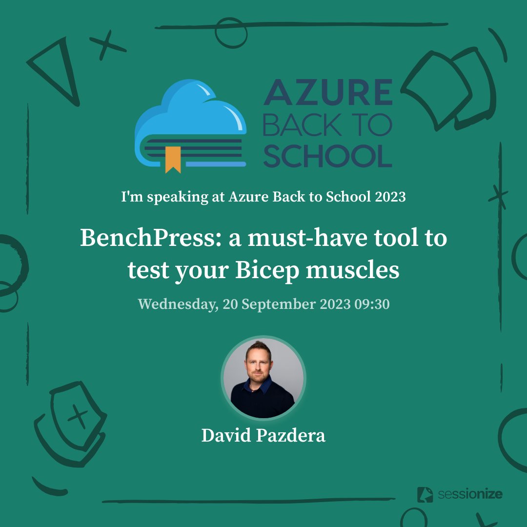 David Pazdera ☁️ (@pazdedav) on Twitter photo I am thrilled to be part of #AzureBackToSchool event this year.
Stretch your #Azure #Bicep with #BenchPress to test your infra code: wp.me/p17MpW-2x
Full event schedule: azurebacktoschool.github.io
Thanks <a href="/DwayneNcloud/">Dwayne Natwick☁️CISM|CRISC|CISA☁️CCSP|CISSP|CGRC</a> and <a href="/ConsidercloudDS/">Derek Smith</a> for organising it. I am thrilled to be part of #AzureBackToSchool event this year.
Stretch your #Azure #Bicep with #BenchPress to test your infra code: wp.me/p17MpW-2x
Full event schedule: azurebacktoschool.github.io
Thanks <a href="/DwayneNcloud/">Dwayne Natwick☁️CISM|CRISC|CISA☁️CCSP|CISSP|CGRC</a> and <a href="/ConsidercloudDS/">Derek Smith</a> for organising it.
