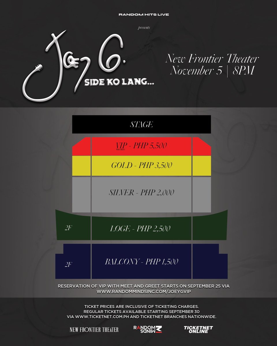 Ready to hear Joey G’s side? Check out the Ticket Prices and official Seat Map for #JoeyGSideKoLang

Joey G. Side Ko Lang…
🗓️ November 5, 2023
📍 New Frontier Theater
🎟️ Ticketnet Outlets/Online
(on sale: September 30)

Presented by @randommindsph 

#RandomHitsLive
