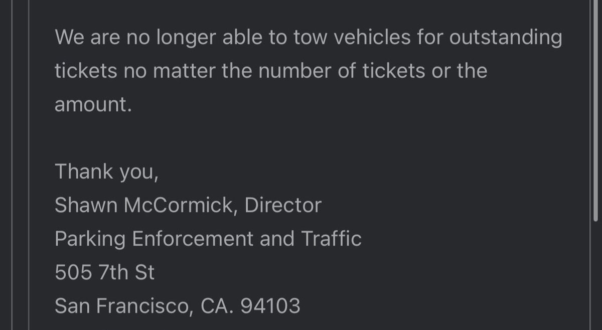 garrytan's tweet image. I just got forwarded the craziest email from SF Parking Enforcement

A vehicle used in narcotics trafficking with over $2600 worth of tickets has been parked for weeks across from the Marina Safeway. 

A citizen asked to get it removed and this was the response. 

🤯