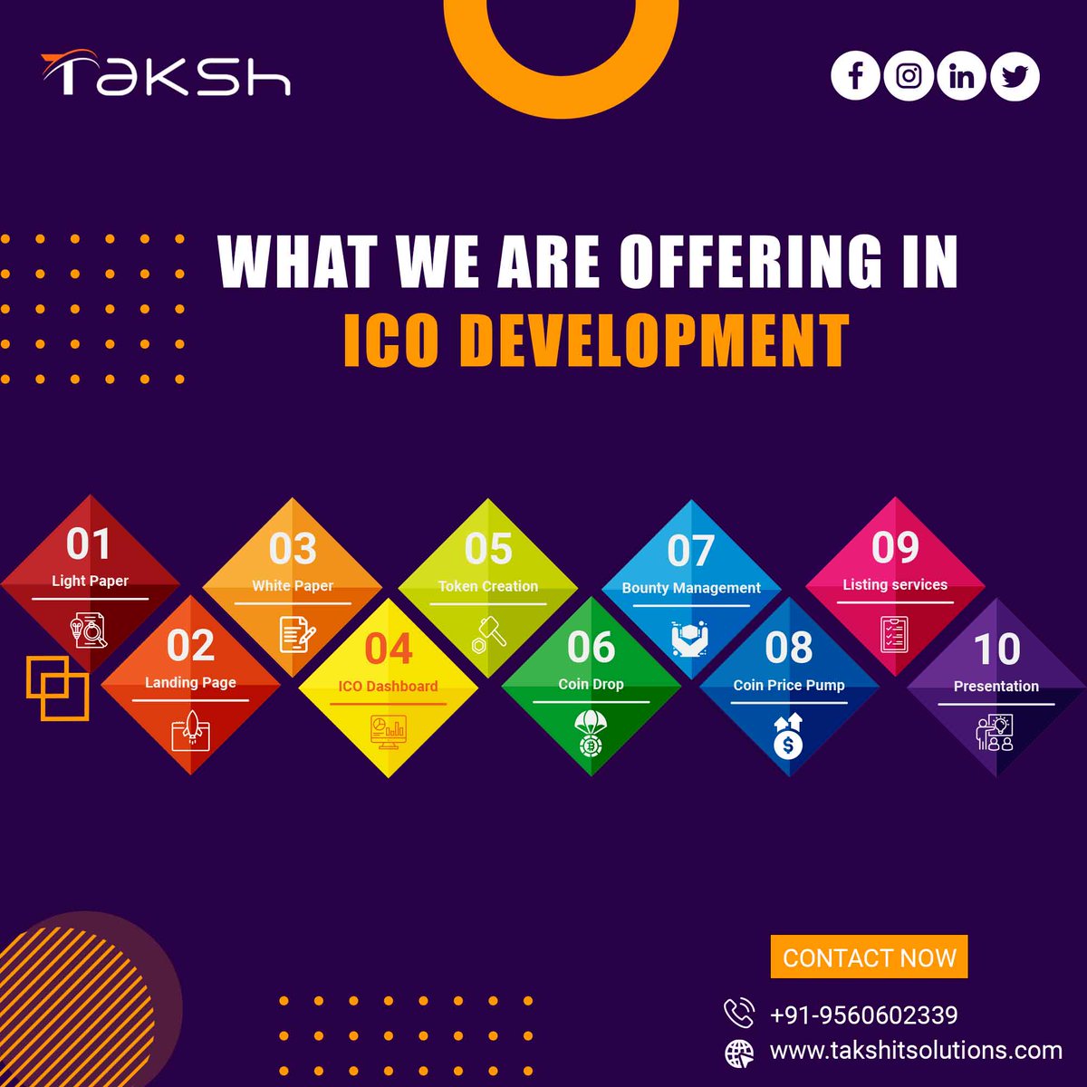 official_taksh's tweet image. Invest in the future of cryptocurrency with @TakshITSolutions! Our ICO services include whitepaper creation, token development, smart contract audits, marketing strategy, and ICO website development. Join us today and watch your investments grow! 💰🚀 #ICODevelopment