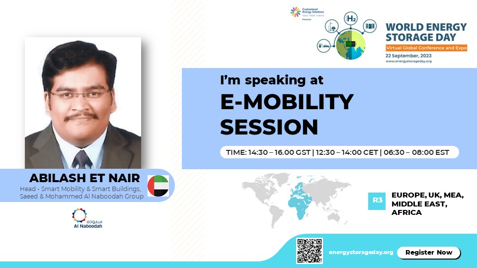 We welcome Abilash ET Nair, PMP, Head - smart Mobility &amp; Smart Buildings From Saeed &amp; Mohammed Al Naboodah Group as our speaker for #WESD #2023.
He will be speaking in the R3- #Emobility session.

To interact with him, register at: lnkd.in/dXKwbsm7
