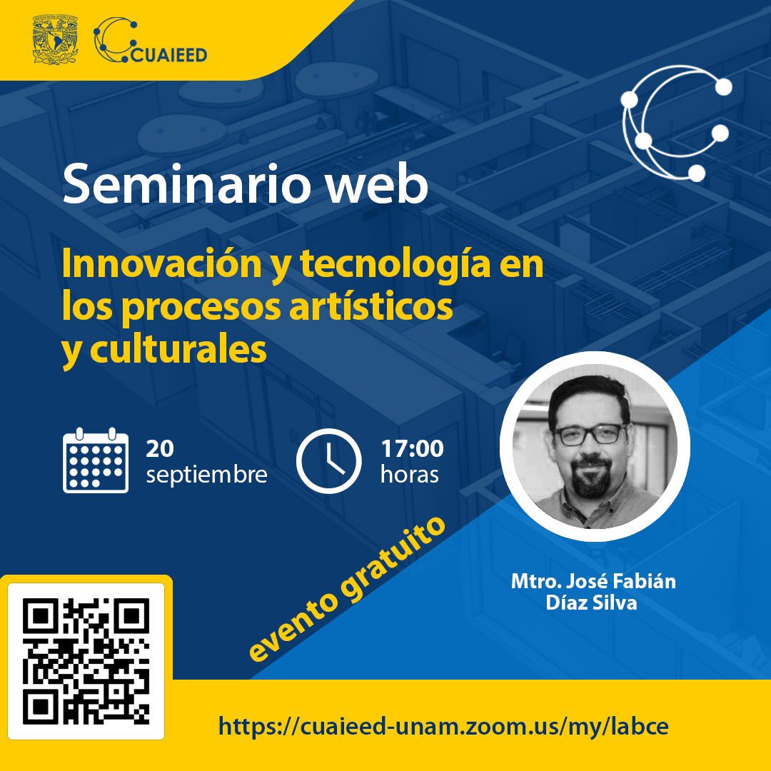 Labc_CUAIEED's tweet photo. ¿Extrañaron los #webinar? 
Este miércoles los retomamos con el tema: 

✏️” Innovación y #tecnología en los procesos culturales y #artísticos”
🗓️ Miércoles 20 septiembre 
 ⏳17:00 horas, CDMX
👉Vía zoom: https://t.co/iU64EiomZN

¡Te esperamos!✨🤓 
#labCe https://t.co/bqOxhM5zxN