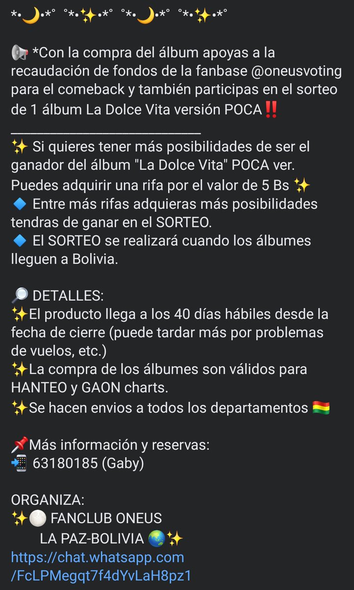 OneusBoliviaOf's tweet photo. [200923] #INFO #COMEBACK

TOMOON, tenemos pedido masivo del mini álbum de #ONEUS "La Dolce Vita" a nivel nacional 🇧🇴 

En las imágenes están los detalles 🙌🏻 
Haz tu reserva y no te quedes sin el tuyo 🤗

#OneusBolivia🇧🇴 

#ONEUS #RAVN #SEOHO #LEEDO #KEONHEE #HWANWOONG #XION https://t.co/gXF7FeqPIj