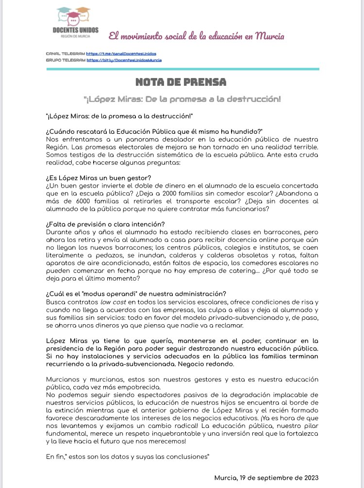 👉Duro comunicado de <a href="/UnidosDocentes/">Docentes Unidos</a> sobre el grave deterioro que sufre la escuela pública y el “modus operandi” del Gobierno de López Miras. A quien, por otra parte, la mayoría de los murcianos dio su voto en mayo para que siguiera gestionando así 👇#RegiónMurcia.