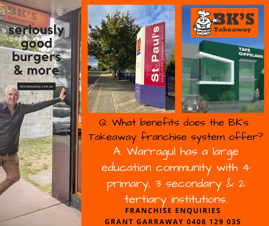 6a1e293b4ae04d6's tweet photo. Q. "What benefits does the #BKsTakeaway #franchise system offer?"

 A. "Warragul has a large education community with 4 primary, 3 secondary &amp; 2 tertiary institutions." 

Grant 0408 129 035     #beyourownboss #treechange #Warragul #franchiseconsultant #ggfc https://t.co/3rWflenAGi