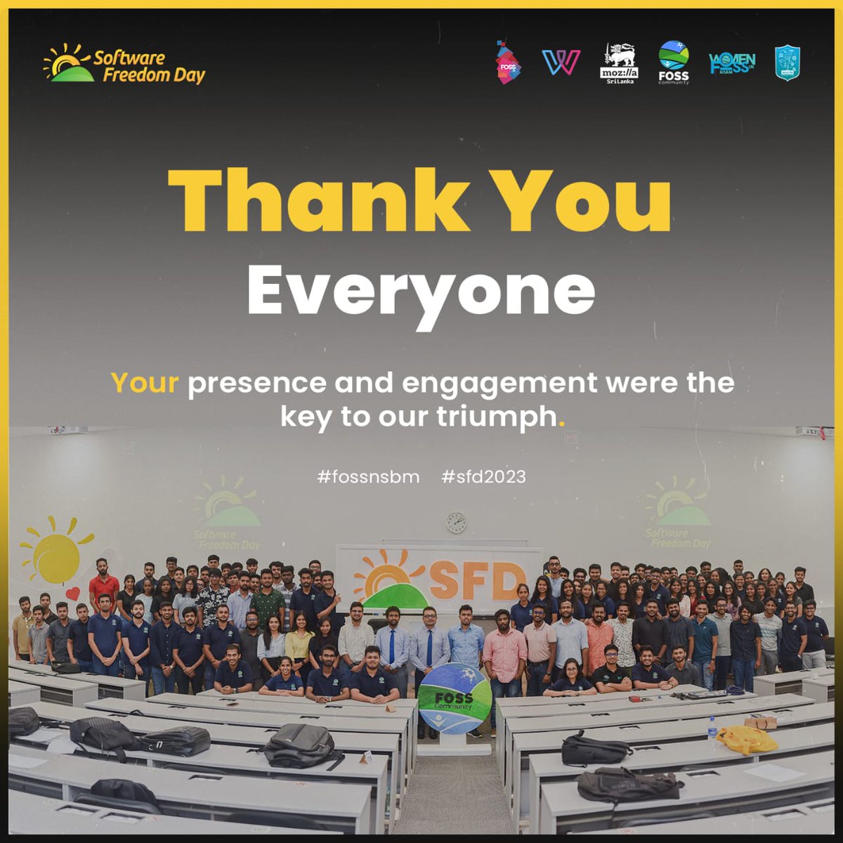 fossnsbm's tweet image. Gratitude in Tera Bytes!♥️
Thank you to all our amazing participants for turning Software Freedom Day 2023 into a resounding success.
#FOSSNSBM #WIFNSBM #FOSSLK #WIFLK #MOZILLACAMPUSCLUB