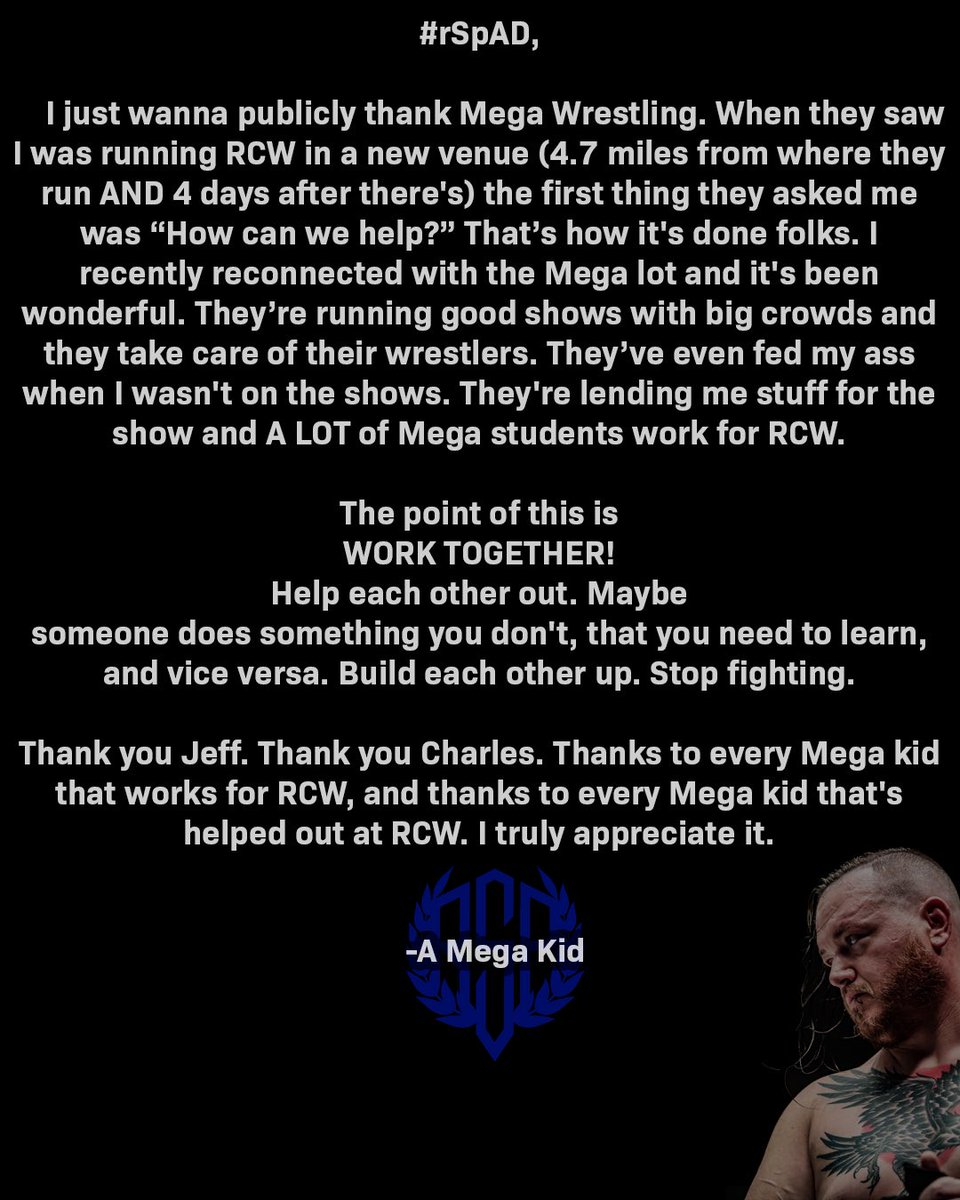 RickeyShanePage's tweet photo. 🙏🏻 Thank you @MegaWrestling
Please go follow them and if you’re local go to their next show! It’s on Saturday in Elyria, Ohio. Follow them for more info!
#rSpAD https://t.co/0NzEP8dZOc