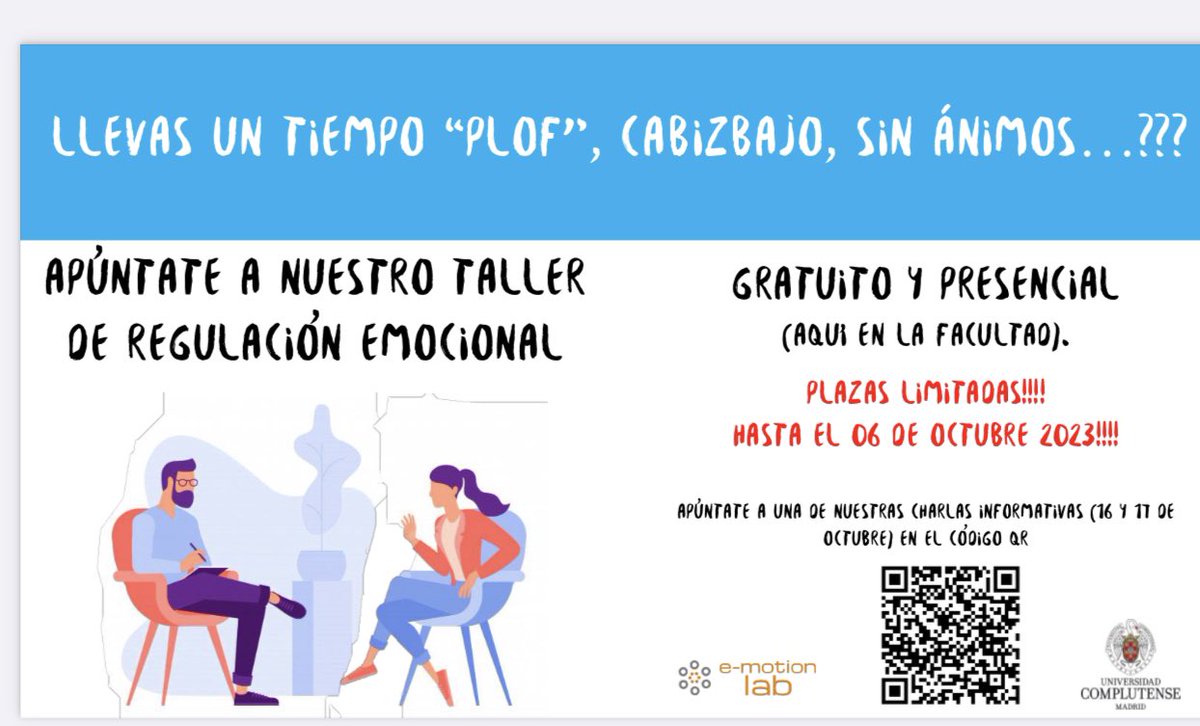 ¿Últimamente te has sentido triste o nervioso?, ¿“sin ánimos…”? Apúntate al Taller de regulación emocional. Más información en las charlas informativas los próximos 16 y 17 de octubre. Plazas limitadas y la inscripción a las charlas hasta el 6 de octubre! <a href="/SOU_Psicologia/">SOU_PsicologíaUCM</a>
