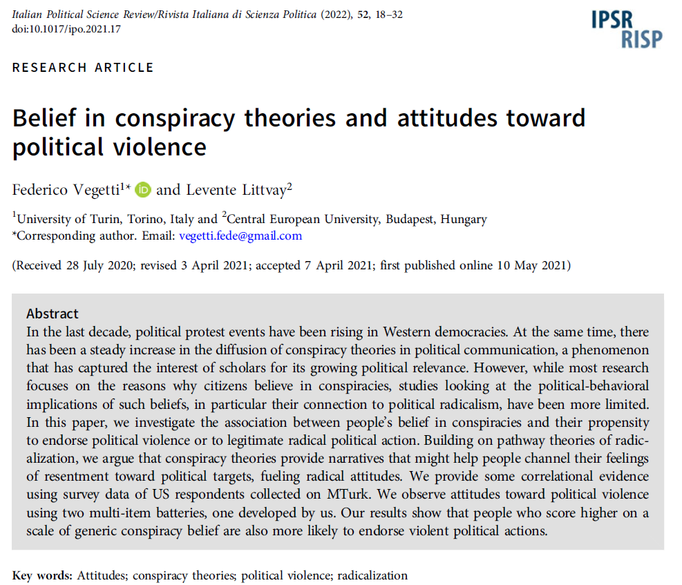 Congratulations🍾 to <a href="/fedeunderstress/">Federico Vegetti</a> &amp; <a href="/littvay/">Levente Littvay</a> , winners of the 2022 Giovanni Sartori Prize🏆

Read their article about belief in #conspiracy theories ↔️ attitudes toward political violence

#OpenAccess #OA 🔓cambridge.org/core/journals/…