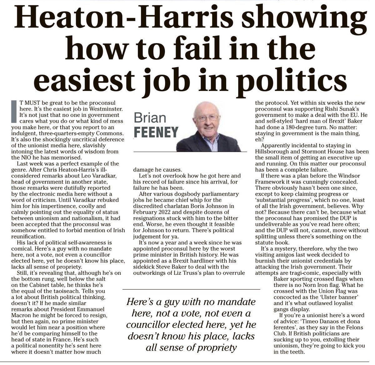 murchadhfinn's tweet photo. “If British politicians are sucking up to you, extolling their unionism, they're going to kick you in the teeth.”
~Brian Feeney, The Irish News

☕️🥐 https://t.co/ee53EKeas4
