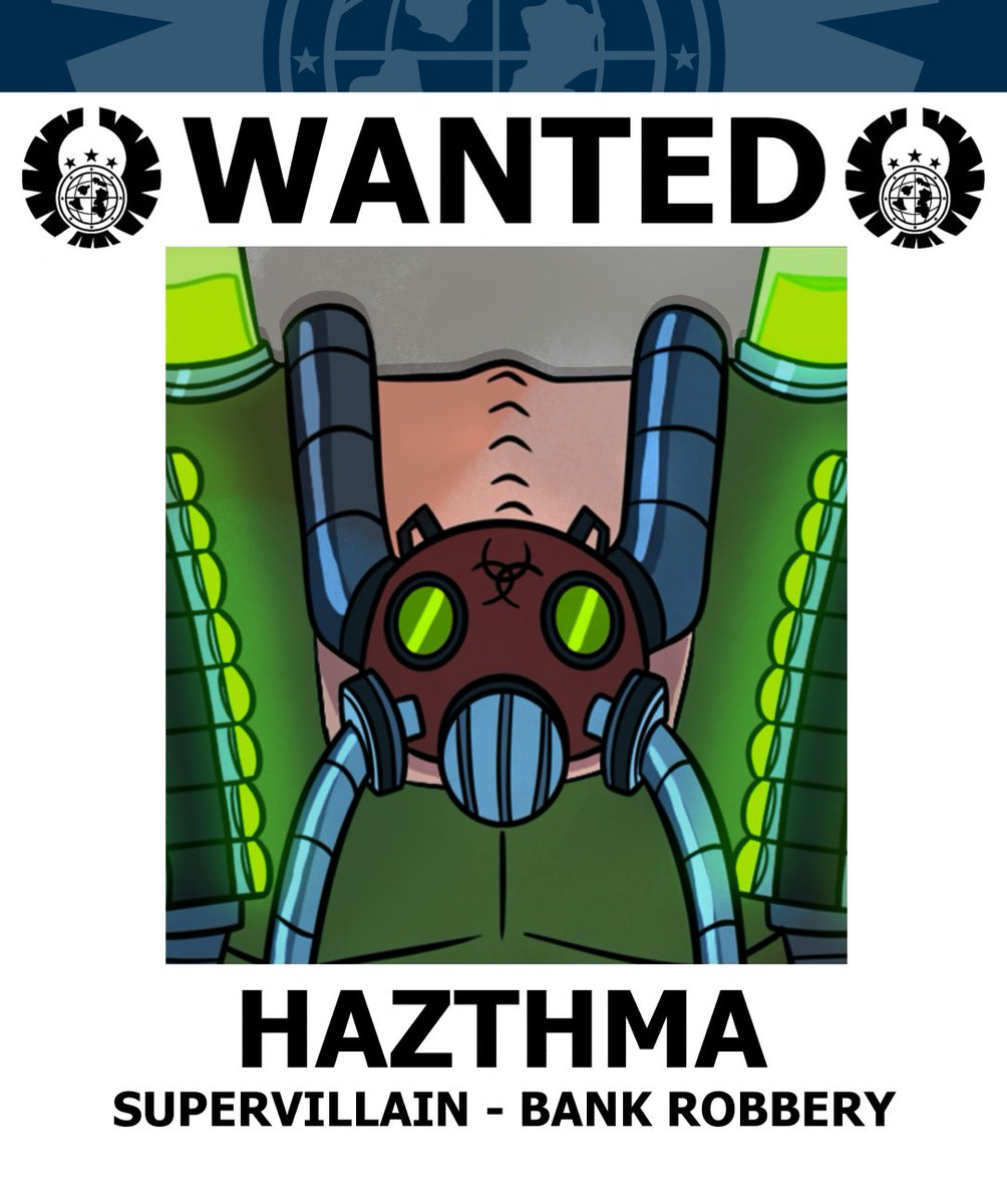 PEACE_UO's tweet photo. Help P.E.A.C.E. and the Marin City authorities bring the supervillain known as "HAZTHMA" to justice and recover the valuable money he stole from Marin City's bank.
Witnesses claim he also took a granny hostage quite tenderly by using his hazardous powers. https://t.co/250K1H83pk