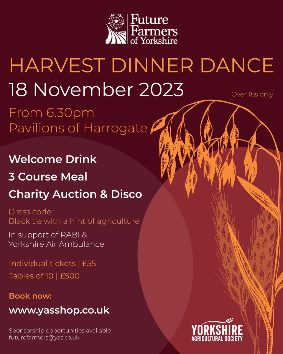 Well this is exciting... we are thrilled to announce our first ever Future Farmers Harvest Dinner Dance will be held on Saturday 18th November 2023!

The dress code is black tie with a hint of agriculture 🚜 👀 

Read more here 👉 yas.co.uk/ffy-harvest-di…