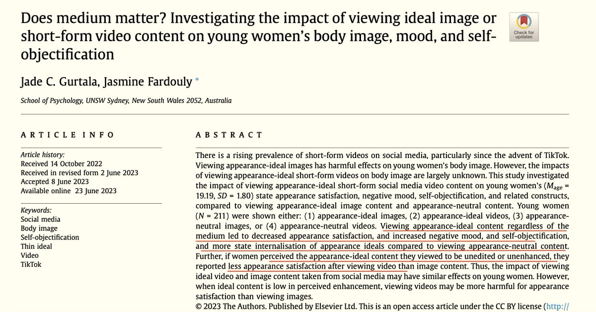 Timothy Caulfield (@caulfieldtim) on Twitter photo "Viewing ideal videos or images increased body dissatisfaction & negative mood...
"..and increased women’s self-objectification."
sciencedirect.com/science/articl… by <a href="/JasmineFardouly/">Jasmine Fardouly</a> et al. cc <a href="/DrJenGunter/">Jennifer Gunter</a> <a href="/jonathanstea/">Dr. Jonathan N. Stea</a> "Viewing ideal videos or images increased body dissatisfaction & negative mood...
"..and increased women’s self-objectification."
sciencedirect.com/science/articl… by <a href="/JasmineFardouly/">Jasmine Fardouly</a> et al. cc <a href="/DrJenGunter/">Jennifer Gunter</a> <a href="/jonathanstea/">Dr. Jonathan N. Stea</a>