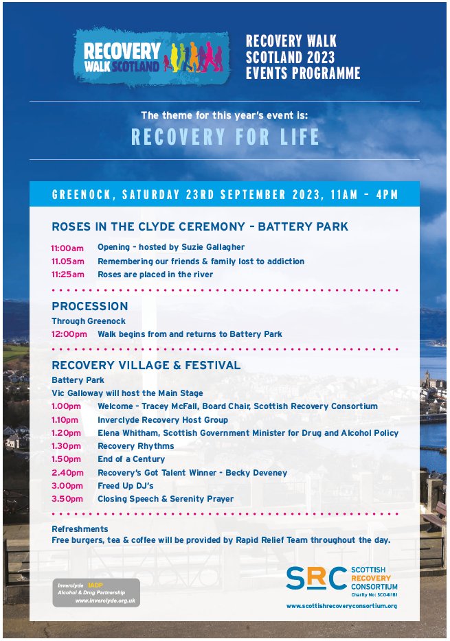 We are excited to share our event programme with you for Saturday! 

We will start at 11am on the water's edge for our roses ceremony, before the Recovery Walk at 12pm, and then the main stage will begin at 1pm until 4pm! 

#RecoveryWalkScotland
#RecoveryMonth2023